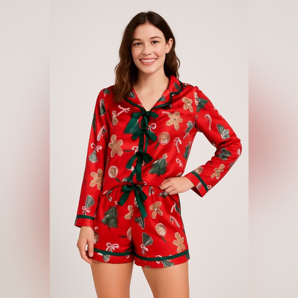 Christmas Satin Pajama Set – Long Sleeve Top & Shorts | Size Medium